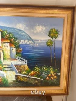 Ancien Tableau Peinture Huile Cadre Doré Provence Méditerranée Italie