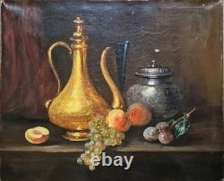 Ancien Tableau Peinture Huile Fin XIX eme Nature Morte Fruits Thé Signé P. Foret