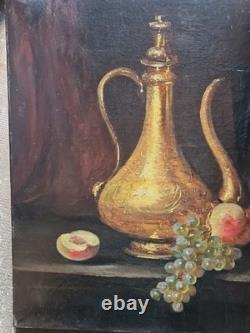 Ancien Tableau Peinture Huile Fin XIX eme Nature Morte Fruits Thé Signé P. Foret