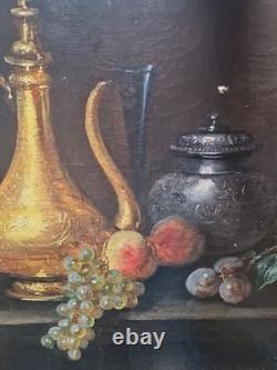 Ancien Tableau Peinture Huile Fin XIX eme Nature Morte Fruits Thé Signé P. Foret