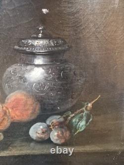 Ancien Tableau Peinture Huile Fin XIX eme Nature Morte Fruits Thé Signé P. Foret