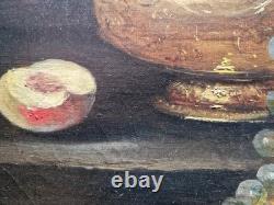 Ancien Tableau Peinture Huile Fin XIX eme Nature Morte Fruits Thé Signé P. Foret