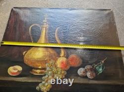 Ancien Tableau Peinture Huile Fin XIX eme Nature Morte Fruits Thé Signé P. Foret