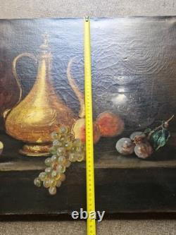 Ancien Tableau Peinture Huile Fin XIX eme Nature Morte Fruits Thé Signé P. Foret