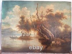 Ancien Tableau Peinture Huile Panneau Paysage Fluvial Pêcheur Pastoral Lac XIXè