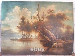 Ancien Tableau Peinture Huile Panneau Paysage Fluvial Pêcheur Pastoral Lac XIXè