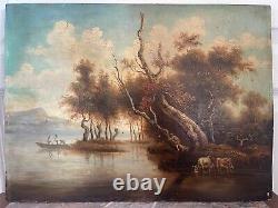 Ancien Tableau Peinture Huile Panneau Paysage Fluvial Pêcheur Pastoral Lac XIXè