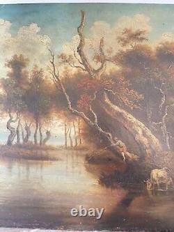 Ancien Tableau Peinture Huile Panneau Paysage Fluvial Pêcheur Pastoral Lac XIXè