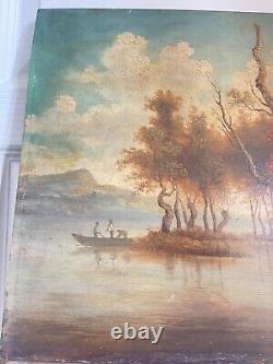 Ancien Tableau Peinture Huile Panneau Paysage Fluvial Pêcheur Pastoral Lac XIXè