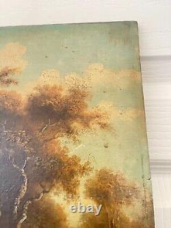 Ancien Tableau Peinture Huile Panneau Paysage Fluvial Pêcheur Pastoral Lac XIXè