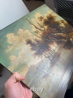 Ancien Tableau Peinture Huile Panneau Paysage Fluvial Pêcheur Pastoral Lac XIXè
