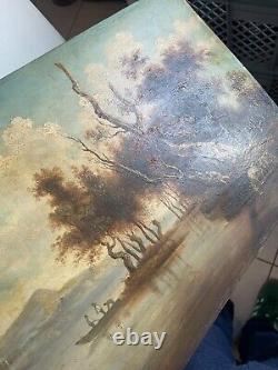 Ancien Tableau Peinture Huile Panneau Paysage Fluvial Pêcheur Pastoral Lac XIXè