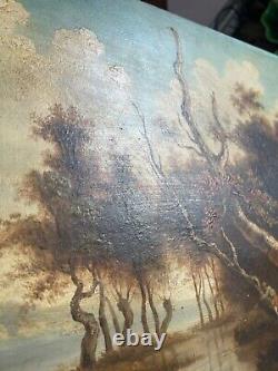 Ancien Tableau Peinture Huile Panneau Paysage Fluvial Pêcheur Pastoral Lac XIXè