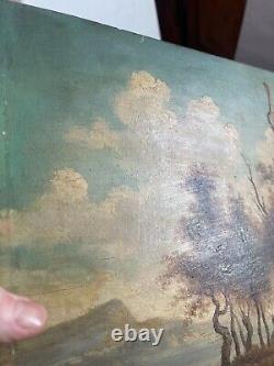Ancien Tableau Peinture Huile Panneau Paysage Fluvial Pêcheur Pastoral Lac XIXè