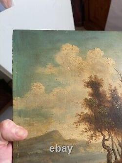 Ancien Tableau Peinture Huile Panneau Paysage Fluvial Pêcheur Pastoral Lac XIXè