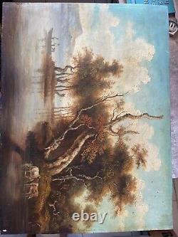 Ancien Tableau Peinture Huile Panneau Paysage Fluvial Pêcheur Pastoral Lac XIXè