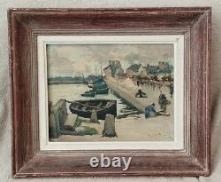 Ancien Tableau Peinture Huile Panneau René Leforestier Port De Pêche Bretagne