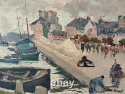 Ancien Tableau Peinture Huile Panneau René Leforestier Port De Pêche Bretagne