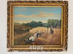 Ancien Tableau Peinture Huile Panneau Travail Champs Moisson Paysan Campagne XIX