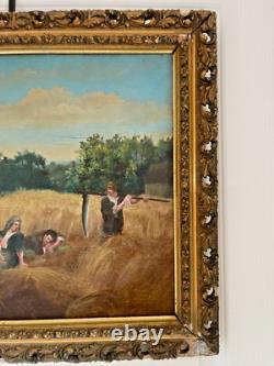 Ancien Tableau Peinture Huile Panneau Travail Champs Moisson Paysan Campagne XIX