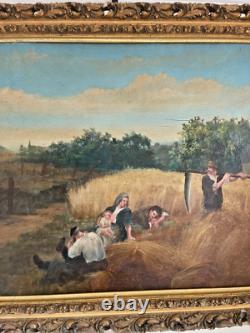 Ancien Tableau Peinture Huile Panneau Travail Champs Moisson Paysan Campagne XIX