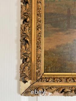 Ancien Tableau Peinture Huile Panneau Travail Champs Moisson Paysan Campagne XIX