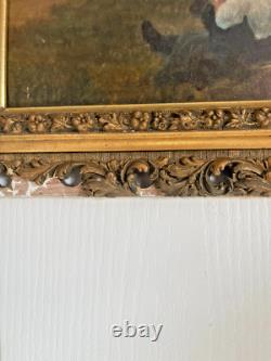 Ancien Tableau Peinture Huile Panneau Travail Champs Moisson Paysan Campagne XIX