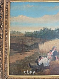 Ancien Tableau Peinture Huile Panneau Travail Champs Moisson Paysan Campagne XIX