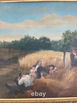 Ancien Tableau Peinture Huile Panneau Travail Champs Moisson Paysan Campagne XIX