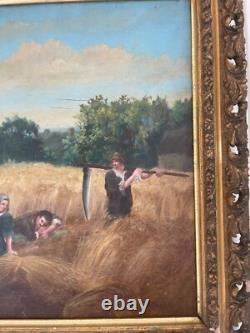 Ancien Tableau Peinture Huile Panneau Travail Champs Moisson Paysan Campagne XIX