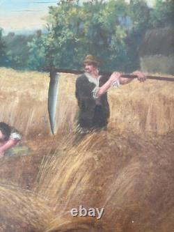Ancien Tableau Peinture Huile Panneau Travail Champs Moisson Paysan Campagne XIX