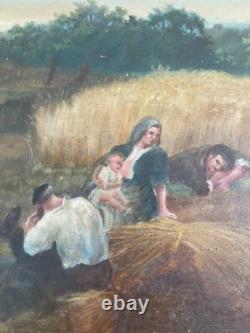 Ancien Tableau Peinture Huile Panneau Travail Champs Moisson Paysan Campagne XIX