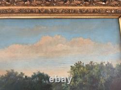 Ancien Tableau Peinture Huile Panneau Travail Champs Moisson Paysan Campagne XIX