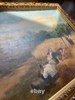 Ancien Tableau Peinture Huile Panneau Travail Champs Moisson Paysan Campagne XIX
