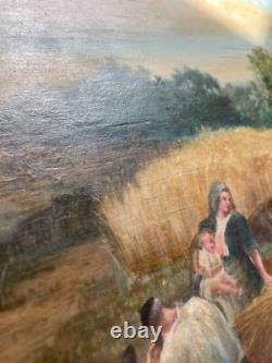 Ancien Tableau Peinture Huile Panneau Travail Champs Moisson Paysan Campagne XIX