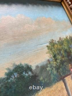 Ancien Tableau Peinture Huile Panneau Travail Champs Moisson Paysan Campagne XIX