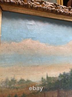 Ancien Tableau Peinture Huile Panneau Travail Champs Moisson Paysan Campagne XIX
