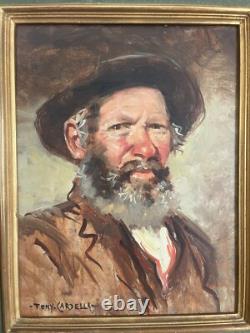 Ancien Tableau Peinture Huile Portrait Viel Homme Vieillard Signé TONY CARDELLA