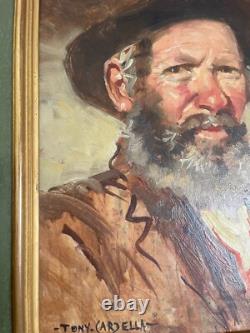 Ancien Tableau Peinture Huile Portrait Viel Homme Vieillard Signé TONY CARDELLA