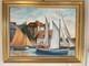 Ancien Tableau Peinture Huile Toile Bateau Mer Marin Port Pêche Voilier Signé