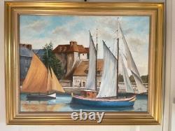 Ancien Tableau Peinture Huile Toile Bateau Mer Marin Port Pêche Voilier Signé