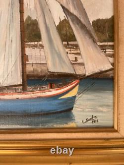 Ancien Tableau Peinture Huile Toile Bateau Mer Marin Port Pêche Voilier Signé