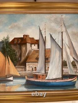 Ancien Tableau Peinture Huile Toile Bateau Mer Marin Port Pêche Voilier Signé