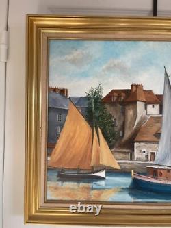 Ancien Tableau Peinture Huile Toile Bateau Mer Marin Port Pêche Voilier Signé