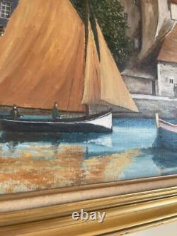 Ancien Tableau Peinture Huile Toile Bateau Mer Marin Port Pêche Voilier Signé