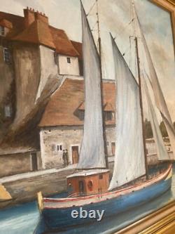 Ancien Tableau Peinture Huile Toile Bateau Mer Marin Port Pêche Voilier Signé