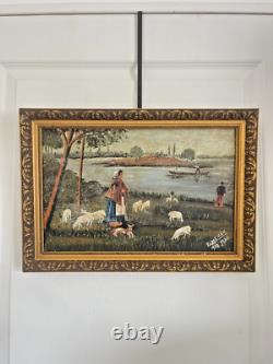 Ancien Tableau Peinture Huile Toile Berger Lac Mouton Chien Pêche 1938
