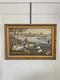 Ancien Tableau Peinture Huile Toile Berger Lac Mouton Chien Pêche 1938