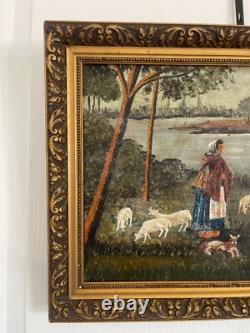 Ancien Tableau Peinture Huile Toile Berger Lac Mouton Chien Pêche 1938