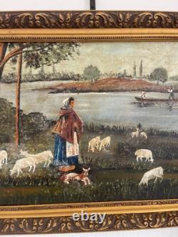 Ancien Tableau Peinture Huile Toile Berger Lac Mouton Chien Pêche 1938